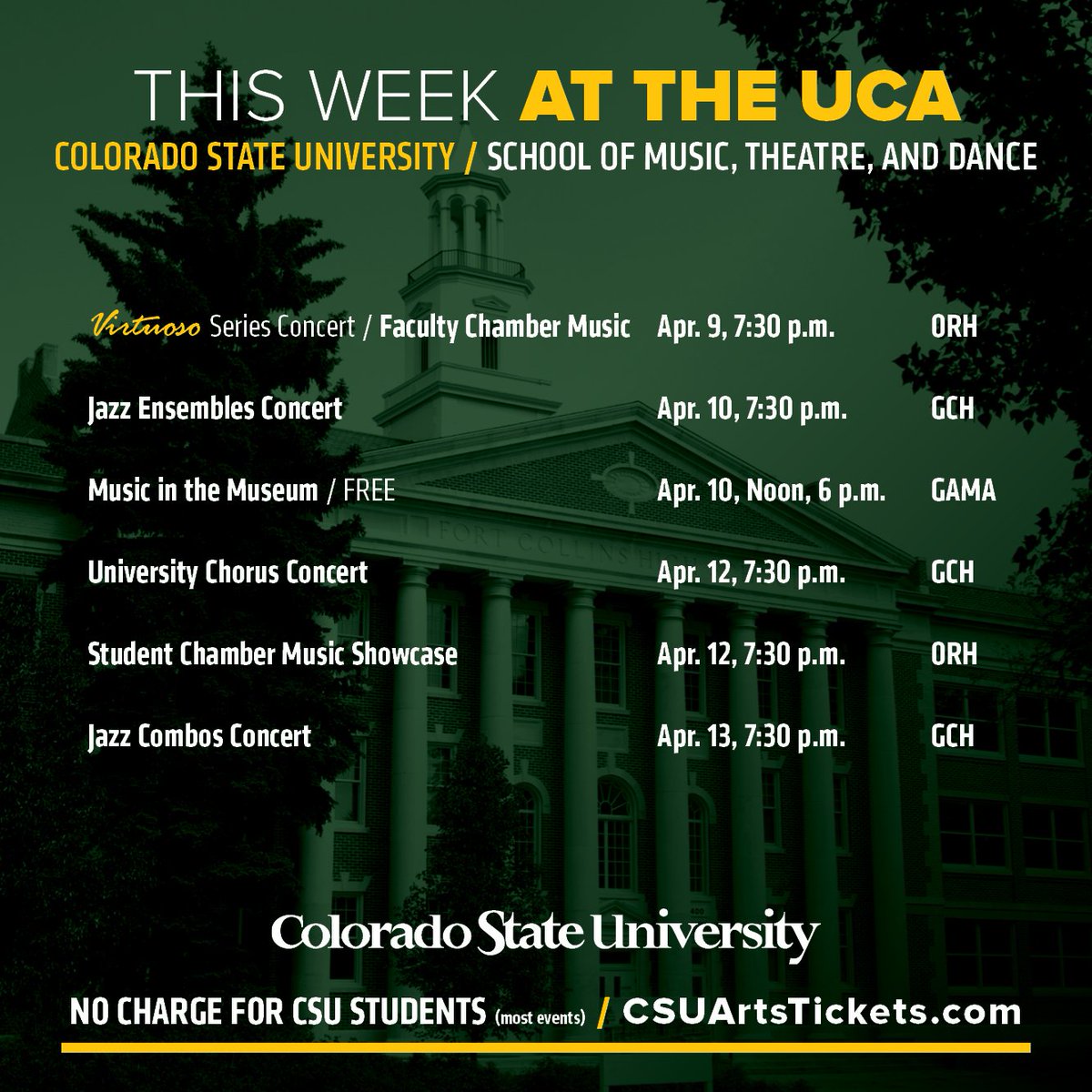 csuuca's tweet photo. Happy Monday! We have a ton of amazing performances you this week. #CSUUCA https://t.co/uKTRFkk354