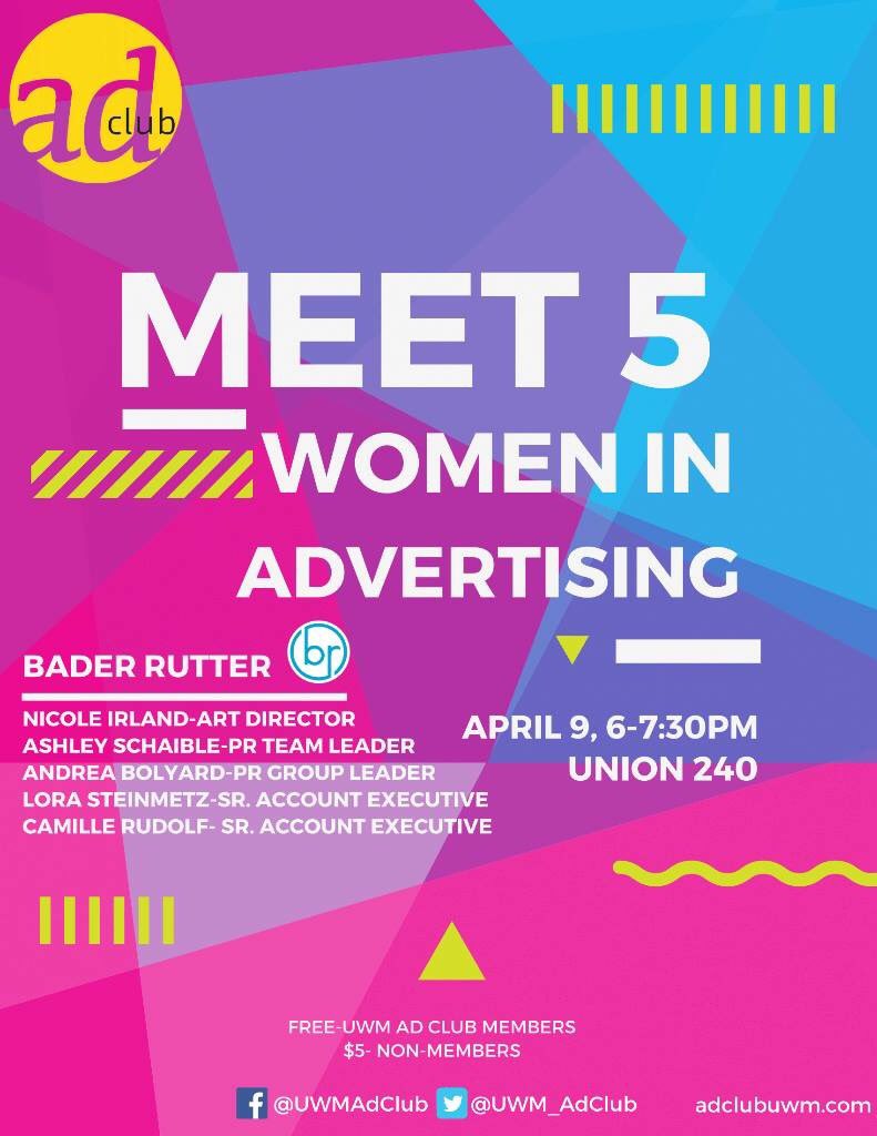 UWM_AdClub's tweet photo. TONIGHT we will be chatting with 5 women professionals from @Bader_Rutter in Union 240. 

Come hungry, pizza will be provided 🍕 https://t.co/lHl9jVOUIB