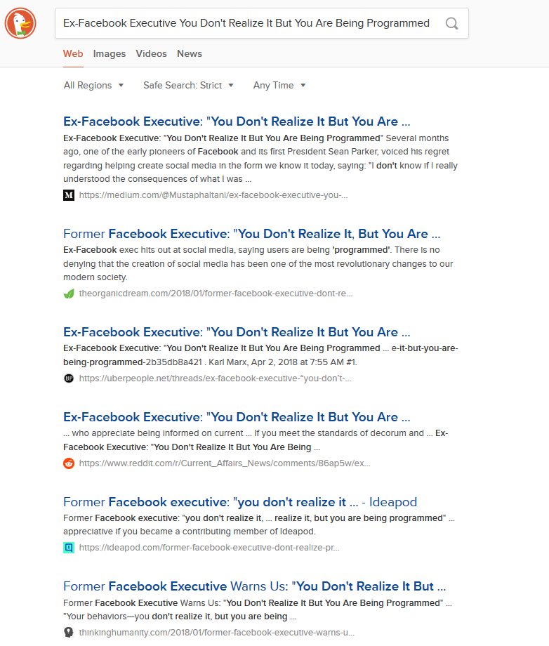 CodaCoder's tweet image. .@Medium &quot;Become a member for $5/month&quot; ...

Or just use @DuckDuckGo for $FREE and without the snooping and tracking.

duckduckgo.com/?q=Ex-Facebook…