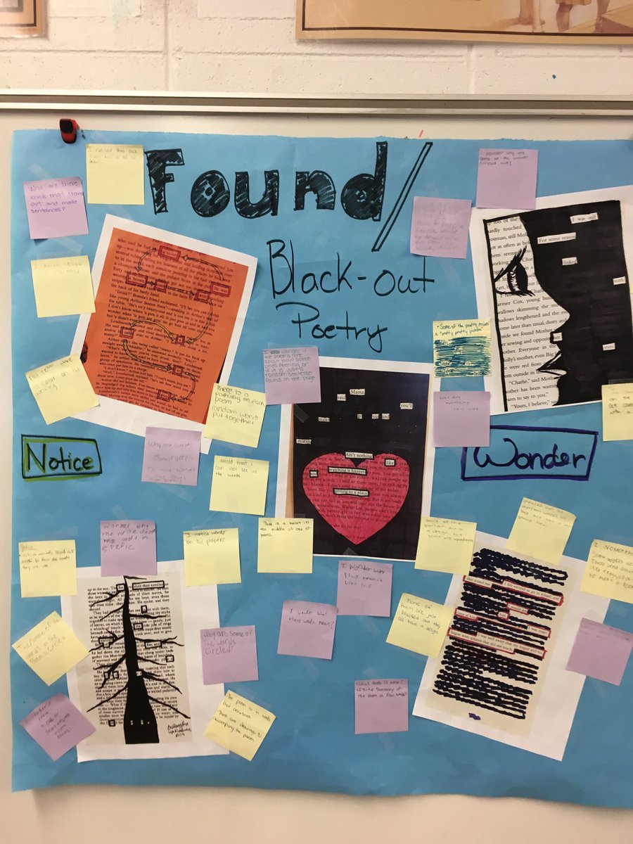 Students “noticed” and “wondered” about found/black-out poetry.  #csmstigers livingthecode #discoveryinlearning