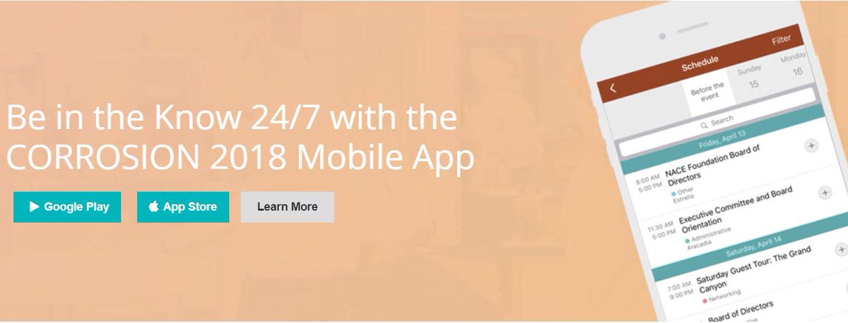 NACEtweet's tweet photo. Stay connected 24/7 with the #CORROSION2018 mobile app. Download it today to start planning your week in Phoenix! 📲 https://t.co/OjjHNoQ8d0 https://t.co/Uv9Gk3Otbj