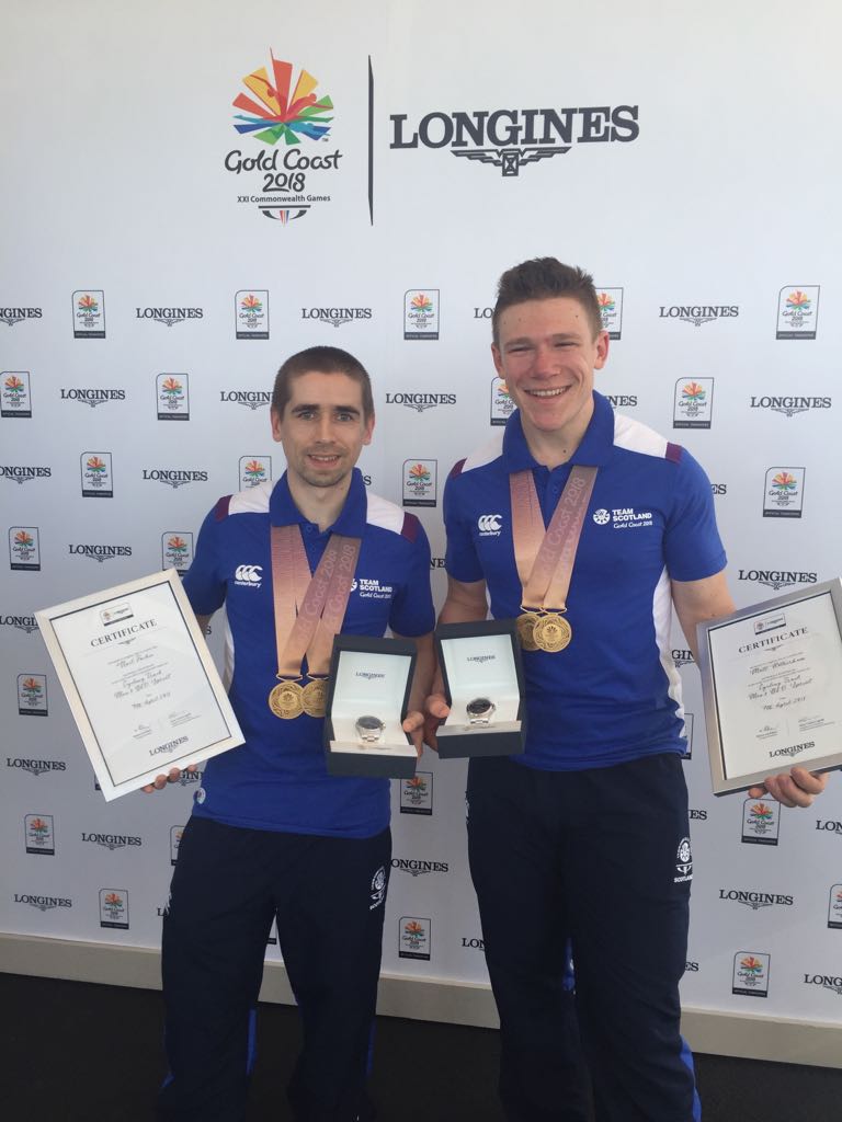 Team_Scotland's tweet photo. Pure gold on Gold Coast! Double gold medallists @neilfachie and @MattRotherham haven't stopped since their success in the velodrome and picked up awards from #Longines for their World Record! #TeamScot2018 https://t.co/mj82pEqDcT