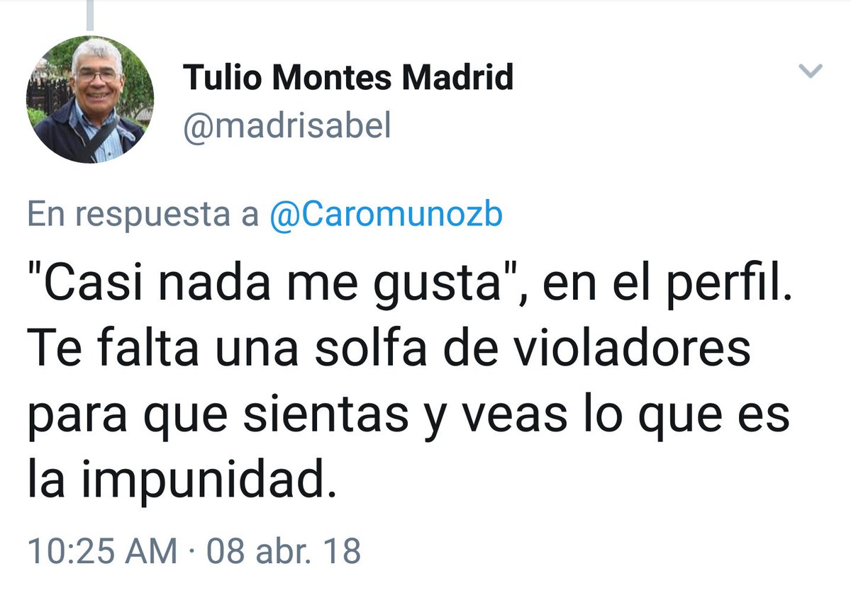 Caromunozb's tweet photo. Cualquiera tiene derecho a estar en total desacuerdo con lo que escribo, pero que @madrisabel diga que hace falta que me violen me parece bastante excesivo. https://t.co/0d2eQuJwQm