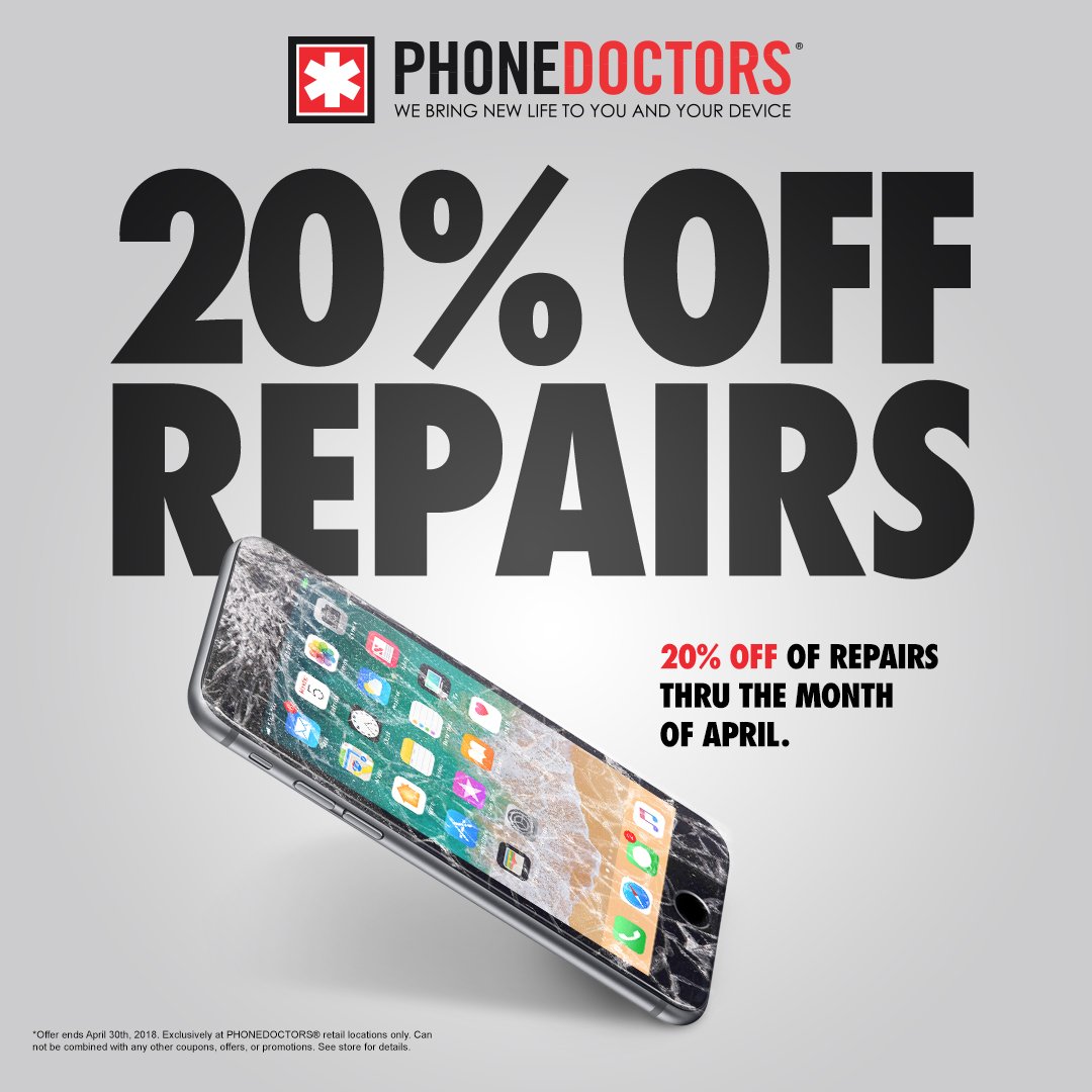 phonedoctors's tweet photo. Last week we discounted 10% on all our iPhones! We would like to continue giving back by now discounting 20% on repairs through the Month of April as a way of saying Thank You!  Please visit any of our 8 locations near you! https://t.co/bvuECtoKgc https://t.co/QRZkUOoO5o