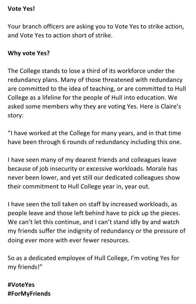 UCUhull's tweet photo. #VoteYes to industrial action at Hull College #ForMyFriends @UCU @EmmaHardyMP @DianaJohnsonMP @KarlTurnerMP https://t.co/hqD6QW8zeW