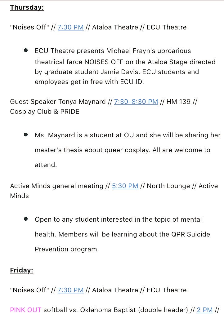 ECUTigerOCI's tweet photo. It’s another action-packed week at ECU! Club meetings, speakers, baseball/softball, theatre, auctions, 5Ks and more. What are you looking forward to? #GetInvolved https://t.co/IXX5tSqZhL