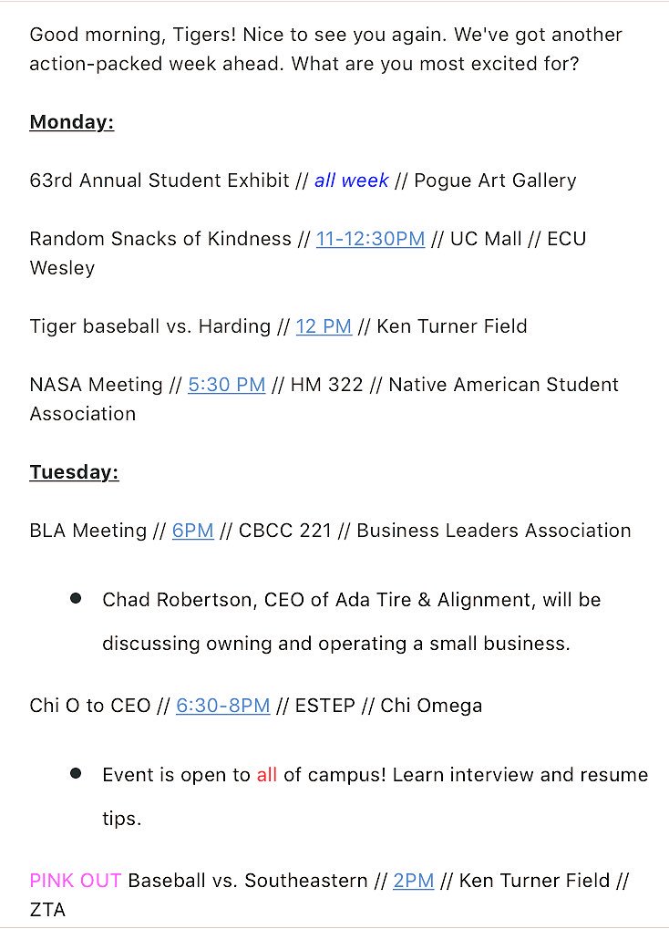 ECUTigerOCI's tweet photo. It’s another action-packed week at ECU! Club meetings, speakers, baseball/softball, theatre, auctions, 5Ks and more. What are you looking forward to? #GetInvolved https://t.co/IXX5tSqZhL