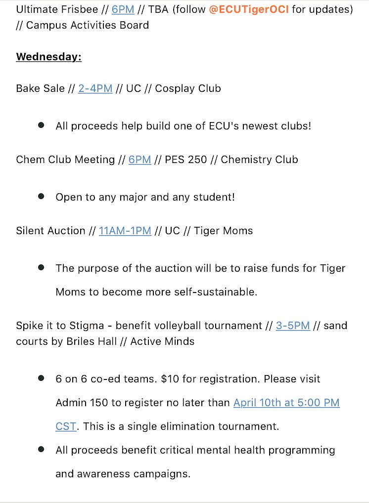 ECUTigerOCI's tweet photo. It’s another action-packed week at ECU! Club meetings, speakers, baseball/softball, theatre, auctions, 5Ks and more. What are you looking forward to? #GetInvolved https://t.co/IXX5tSqZhL