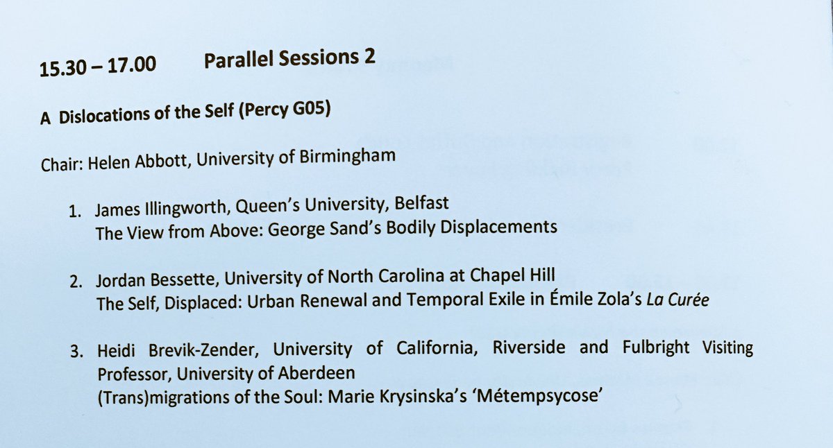HelenAbbott1's tweet photo. Next up Dislocations of the Self #Illingworth #Bessette #BrevikZender #panel2A #SDNNewcastle2018 with replacement chair @carolineardrey kindly stepping in for me #ihavenovoice https://t.co/NT5xixLnRn