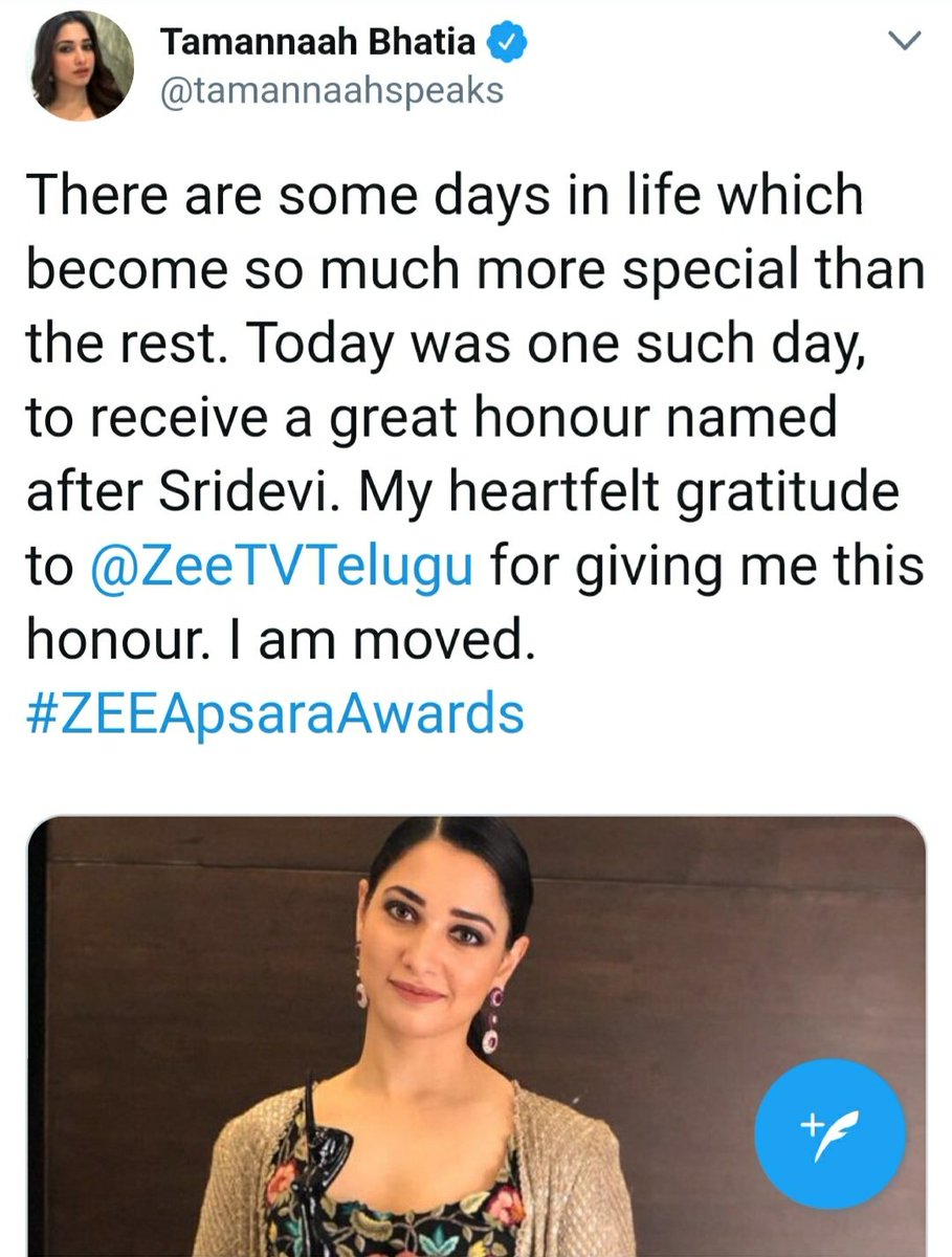 ProudSridevians's tweet photo. Tamannah Bhatia felicitated with Zee Apsara award in Sridevi's name as the woman achiever and her contribution to films.
@tamannaahspeaks @SrideviBKapoor #Sridevi #SrideviLivesForever https://t.co/2bgxZ6LY9i