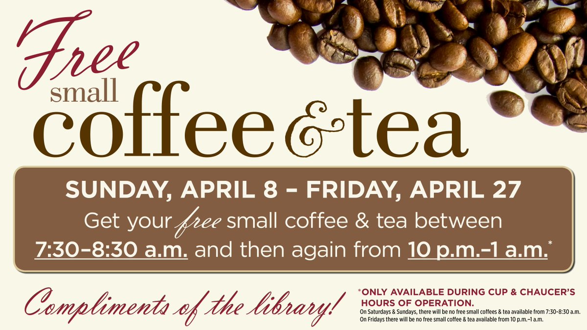 Need extra caffeine to get you through #finalsweek? We've got you covered in Hillman -- starting this week, get a free coffee/tea in the AM/PM! #freecoffee #caffeine #finals #passallthefinals #Goodluck #hillmanlibrary #libraries