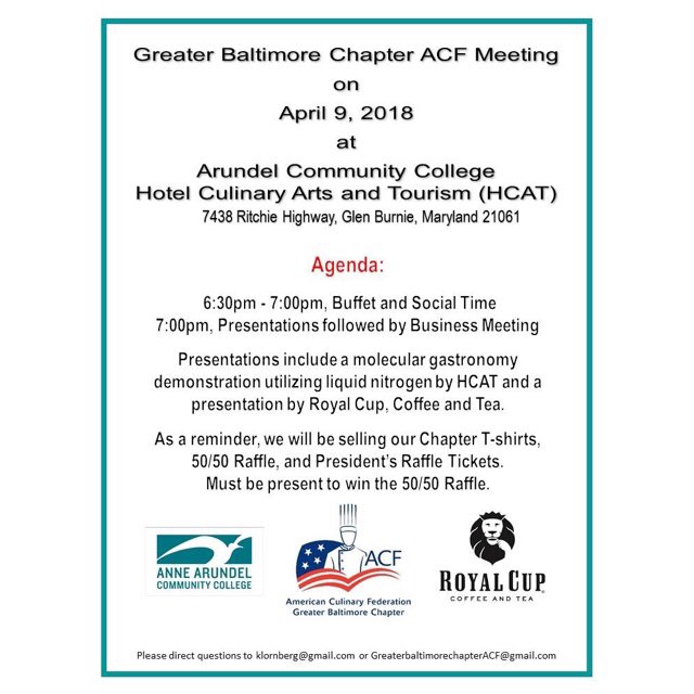 GBACF's tweet photo. Meeting tonight, see you all there #GreaterBaltimoreACF #ACFChefs #BeTheChange https://t.co/fLaRK2Moll