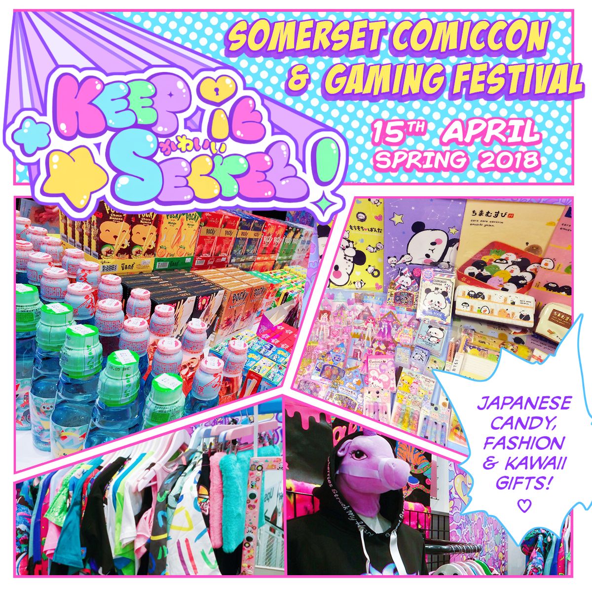 keepitsecret's tweet photo. 🌈🌸🌷✨ Look out for us、this SUNDAY【14th April】@ Somerset Comicon &amp; Gaming Festival！！🎀🍭🍬💖🎀

💝 https://t.co/bbBRfiOrx1 💝
Get your tickets HERE！https://t.co/VVBlXDUvPo ✨

#somersetcon #somersetcomicon #comicon2018 #comiconuk #gamefestival https://t.co/TczbvmG8wg