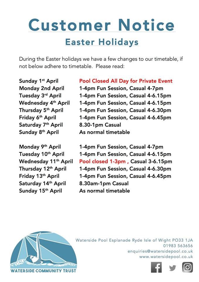 RydeWaterside's tweet photo. EASTER HOLIDAY FUN SESSIONS AND CHANGES TO OUR TIMETABLE
During the Easter holidays we have a few changes to our timetable if not specified below, adhere to normal timetable. Please also find this information on our website at https://t.co/pqfXiACgWu
#rydewaterside #watersidepool https://t.co/DNCSJfyl2X
