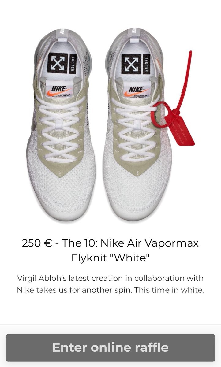 snkr_twitr's tweet photo. Off White Vapormax online raffle is open via Footdistrict 

https://t.co/B0cQiE8FR2

#snkr_twitr https://t.co/vvvD1EUXpp