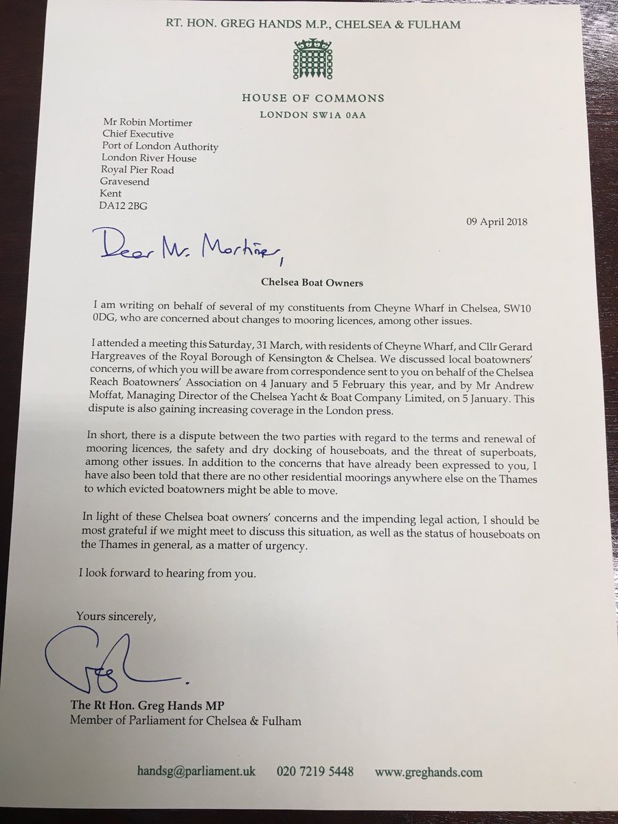 My letter to the Port of London Authority (PLA) about the crisis situation facing the Chelsea House Boats <a href="/chelseaboats/">Chelsea Houseboats</a>. Need to see active engagement from the PLA here.