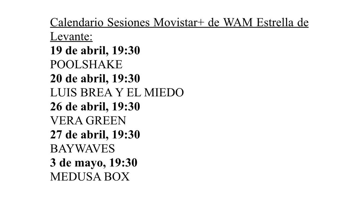 masdeunomurcia's tweet photo. @WAMmurcia presenta las Sesiones @MovistarPlus con cinco conciertos previos al festival. Los conciertos serán gratuitos y tendrán lugar a partir del próximo día 19 en la Movistar Store de Murcia: previos
@poolshake @LuisBreaBpunk @MedusaBox @joinBaywaves y #VeraGreen https://t.co/Y3weXNulbM