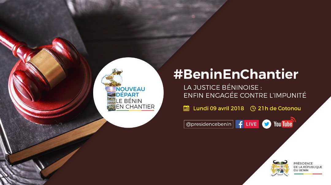 PresidenceBenin's tweet photo. Suivez ce 9 avril 2018 à 21h sur @ortb_info et les canaux de la @PresidenceBenin , le #MJL M. Joseph Djogbenou sur l’émission "LE BÉNIN EN CHANTIER" portant sur le Thème : «La justice béninoise : Enfin engagée contre l’impunité». #BeninEnChantier #JusticeBenin #PAGBenin #wasexo https://t.co/zyoiSwxlI0
