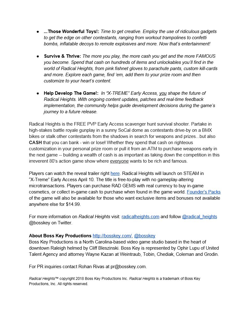 Boss Key Productions (@bosskey) on Twitter photo Hey all you beautiful people. We announced <a href="/Radical_Heights/">Radical Heights</a> today. Yay! Since we are SELF-PUBLISHING this title, we can do stuff like this. Here, have the press release. Why not. <3 Hey all you beautiful people. We announced <a href="/Radical_Heights/">Radical Heights</a> today. Yay! Since we are SELF-PUBLISHING this title, we can do stuff like this. Here, have the press release. Why not. <3