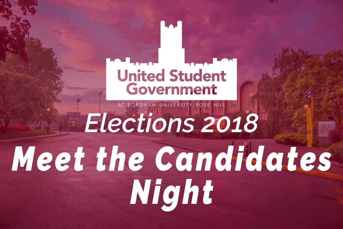 USGrh's tweet photo. Meet the Candidates Night is tomorrow, April 10 at 7 pm, in McGinley Room 237! All candidates for all positions will be presenting their platforms in an evening moderated by The Ram! Election info is available at https://t.co/JDXxA8FF1k or by emailing usgelectionsrh@fordham.edu. https://t.co/u7VFBBwsEi