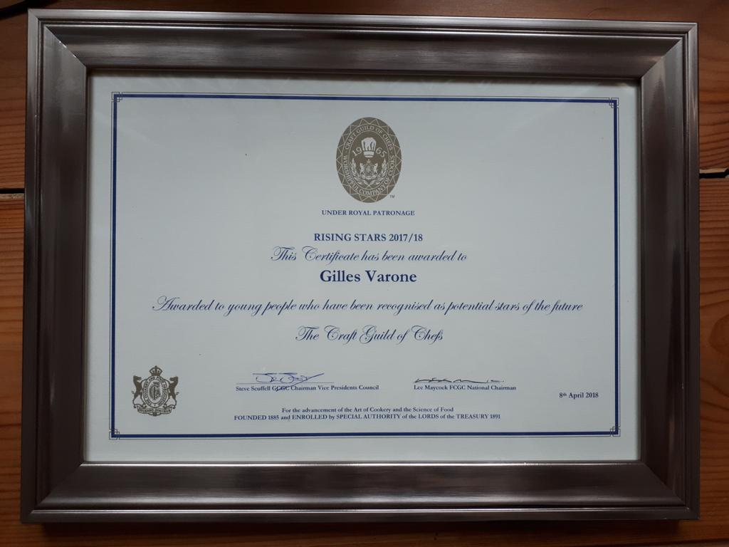 GillesVarone's tweet photo. Thanks @Craft_Guild I am very honoured to have received this award at the #AGM yesterday. Good to see that the industry is well organised and preserved by so many passionated chefs. #chefslife #Passion #youngchefs @CanteenTweets @Caterertweets @bibendumSW3 @claudebosi https://t.co/JQ81pd5NVe