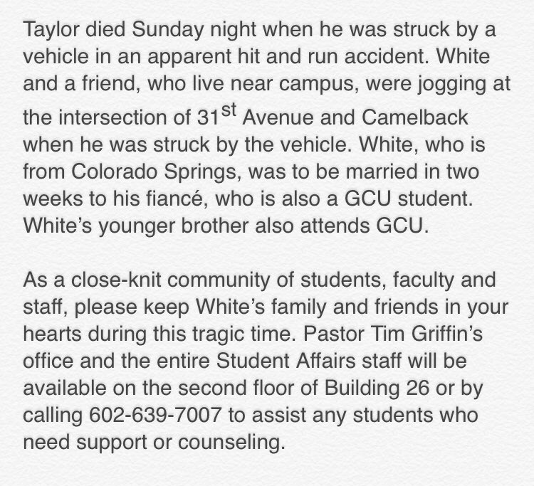 gcu's tweet photo. Our thoughts and prayers are with the family and friends of GCU Student, Taylor White, who died Sunday night. https://t.co/xNVY1eRZd4