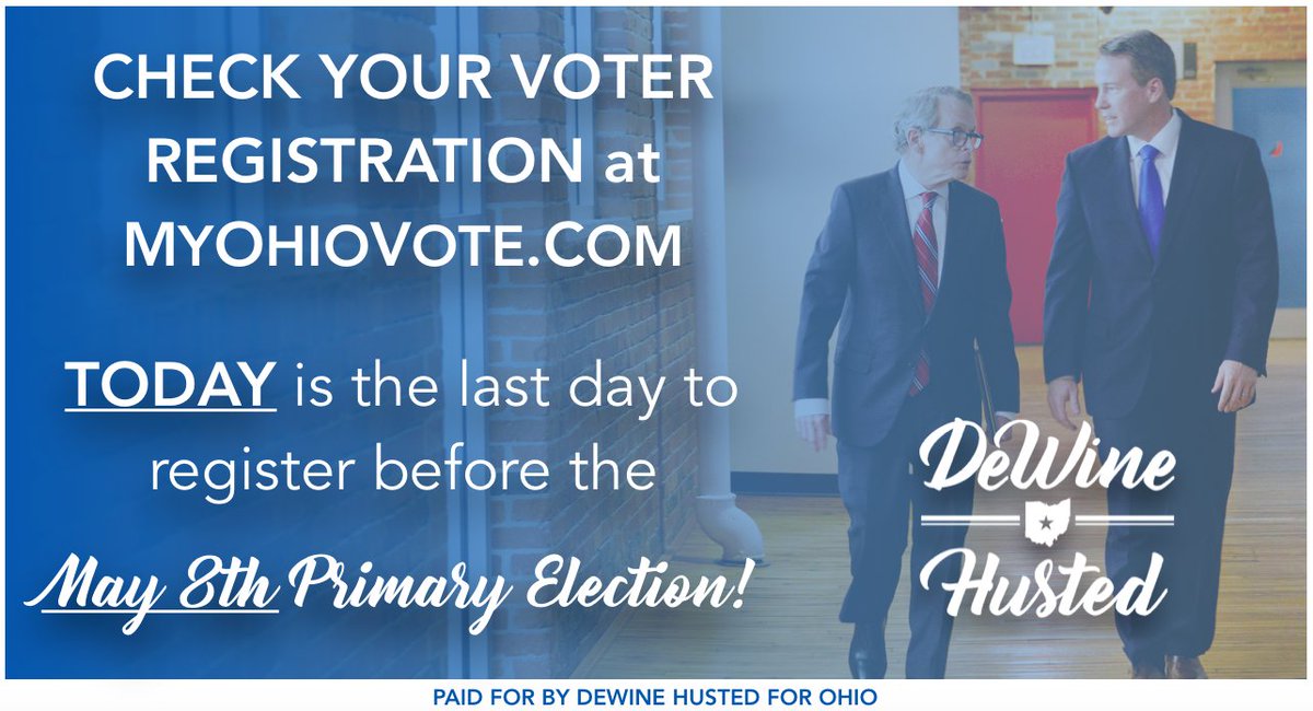 DeWineHustedOH's tweet photo. We need Rock Solid Conservatives @MikeDeWine & @JonHusted as our next Governor & Lt. Governor. Make sure your registration is up-to-date so you can help keep the momentum & send #MikeAndJon into November strong! #OHGov #DeWineHusted #DHFO2018 #VoterRegistration #LeadRight https://t.co/oMntHDmUVT