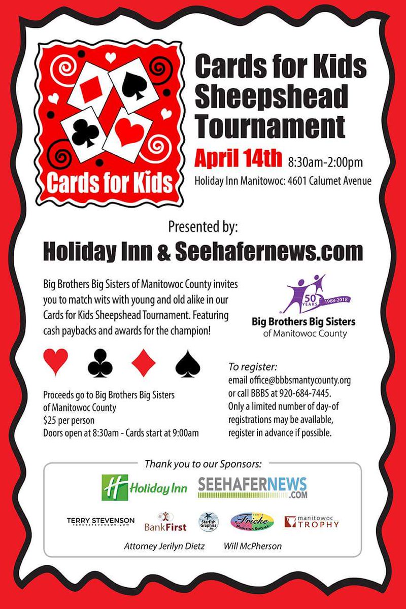 BBBSMC's tweet photo. We are days away from our Sheepshead Tournament-Cards For Kids♦️. Featuring cash and awards for the champion!
Play starts at 9:00am on 4/14.To register email office@bbbsmantycounty.org or call 920-684-7445
Cost is $25 and includes admission and lunch
#bbbsmc https://t.co/0UTPltQH6f
