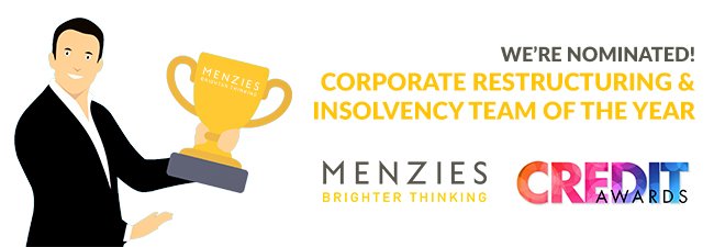 MenziesLLP's tweet photo. Proud of our #BrighterThinking business recovery team for their @Credit_Strategy nomination for Corporate Restructuring &amp; Insolvency Team of the Year! Fingers crossed for @SimonU_IP and the team at the May dinner #creditawards18 https://t.co/kkNgSiqZJB https://t.co/Zx7W1J9EJE