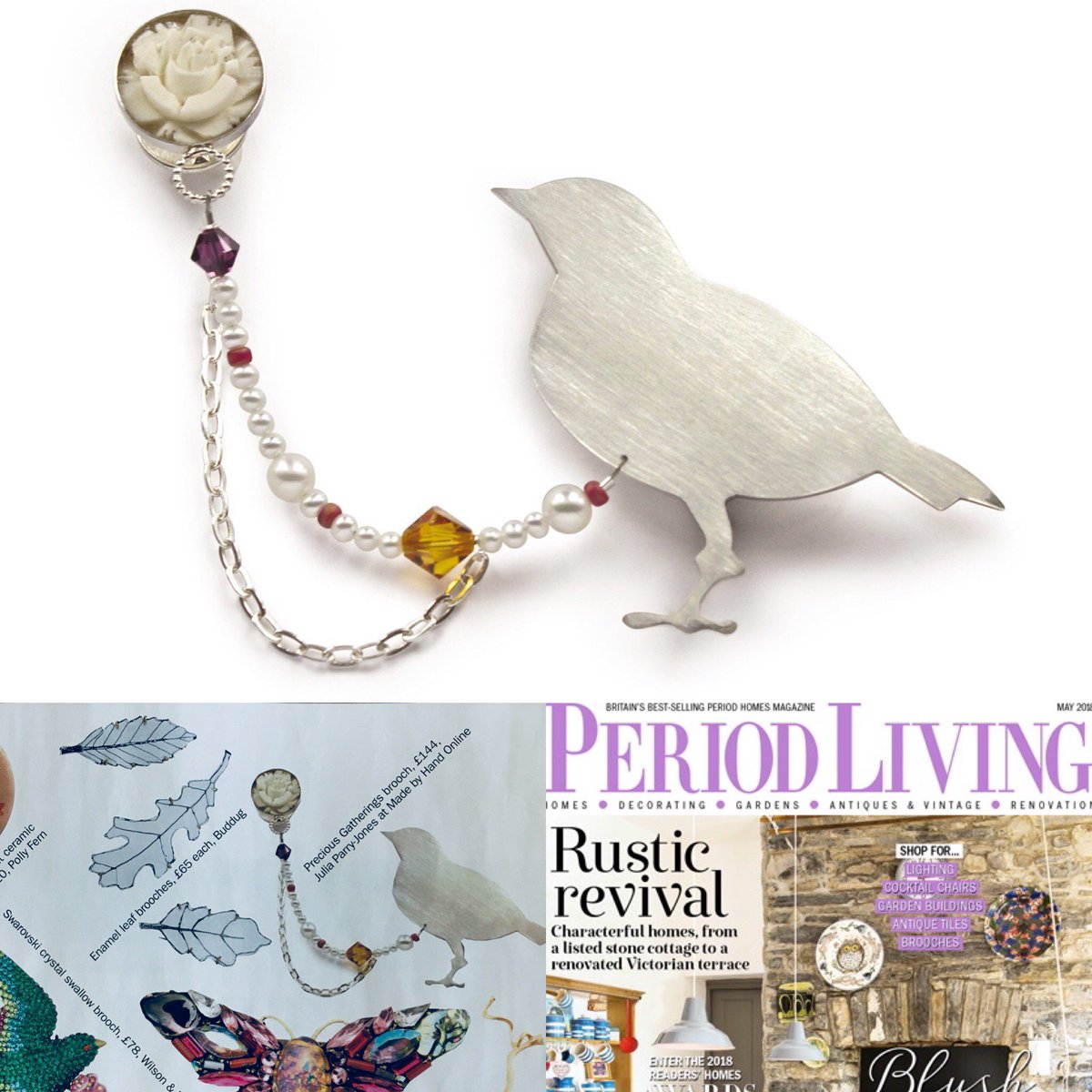 madebyhanduk's tweet photo. A lovely order in for this Precious Gatherings Brooch by Julia Parry-Jones. Huge thanks to @PeriodLivingMag for featuring it in their latest issue. Inspired by the hoarding bowerbird, a trail of gems leads the silver bird to an antique rose, set in silver: https://t.co/DL1EmLYzTX https://t.co/1uzFhDjaWl