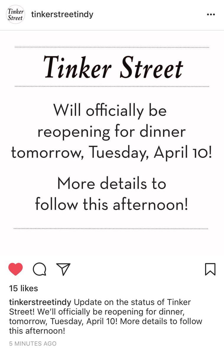 EatsWithMichael's tweet photo. Tinker Street will re-open it’s doors for dinner tomorrow. @TinkerStRest #EatHereIndy https://t.co/PBMFhuC82G