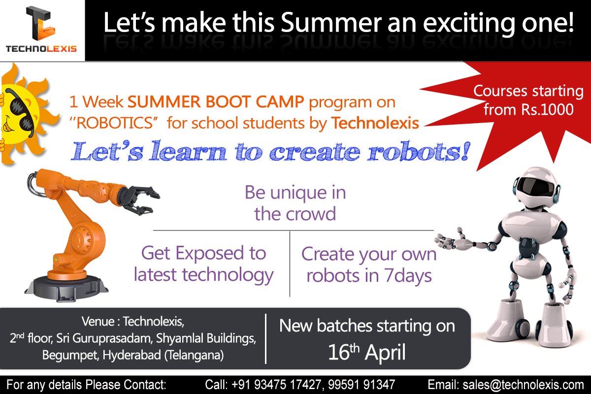 technoLexisLive's tweet photo. Let’s have an extravagant #summer! Join the Summer camp on “Robotics” and have fun #learning how to create #Robots! 

Visit our website: https://t.co/1IvOxrsFoj
Contact us for more details : 9347517427
#Robotics #3DPrintingtechnologies #3Dprintingindustry https://t.co/f9WcUilka6