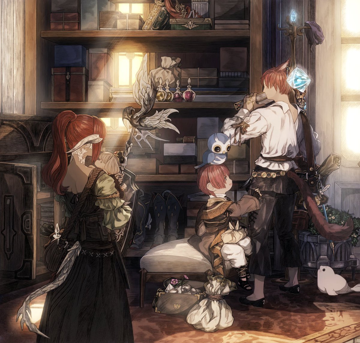 avatar (ff14) miqo'te tail animal ears cat ears red hair cat tail indoors  illustration images
