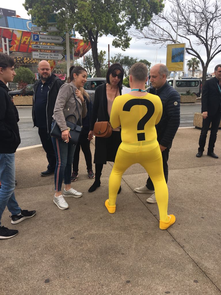 FRComms's tweet photo. What a busy first day at #miptv! Have you spotted @ArgononInt's Question Mark making his 'mark' on the Croisette? #ReadyorNot @BBCOne https://t.co/mX6m9NZXKI