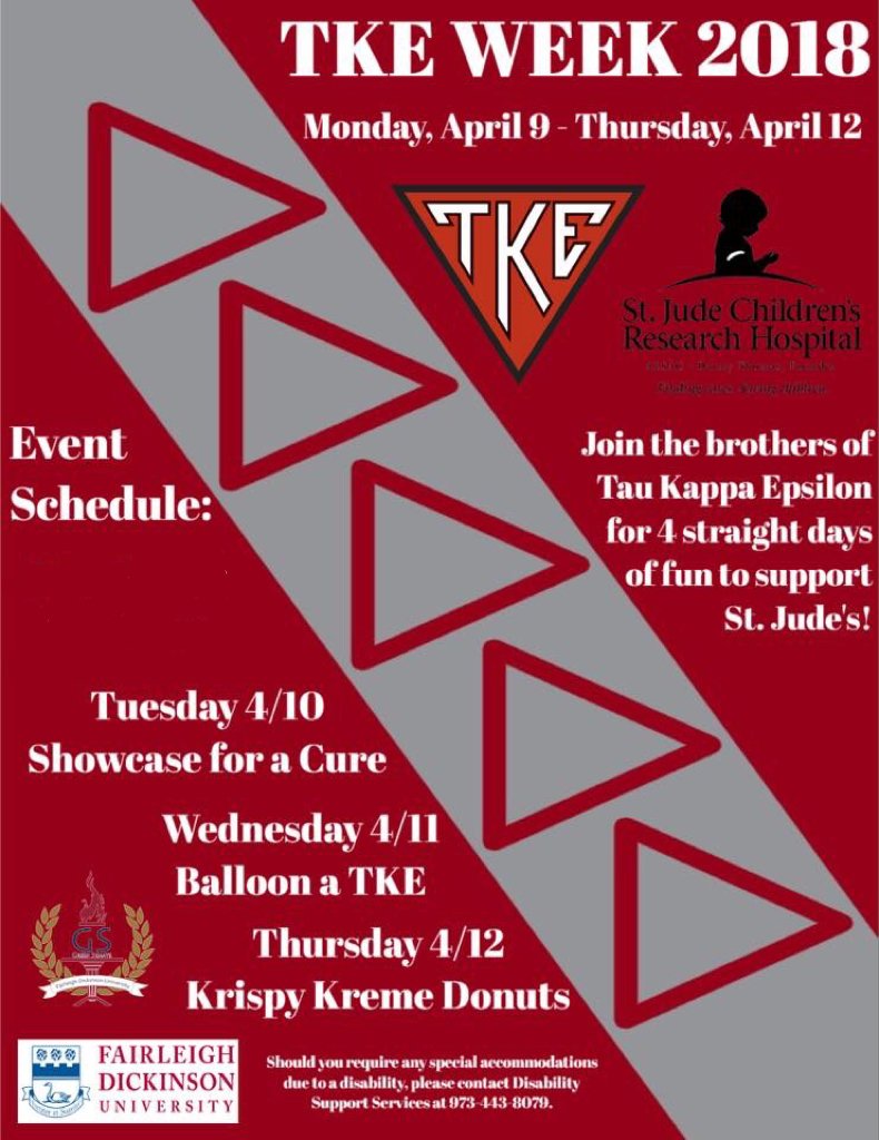 FDUTKE's tweet photo. Happy #TKEWeek! We have 3 great events coming up to support St. Jude’s, so please come out, have some fun and help us fight childhood cancer! Tonight, we also have an event with Theta Phi Alpha about Greek Life and #PreparingYourFuture! #TKE #IAmTKE #StJudes https://t.co/cPVgEezy2m