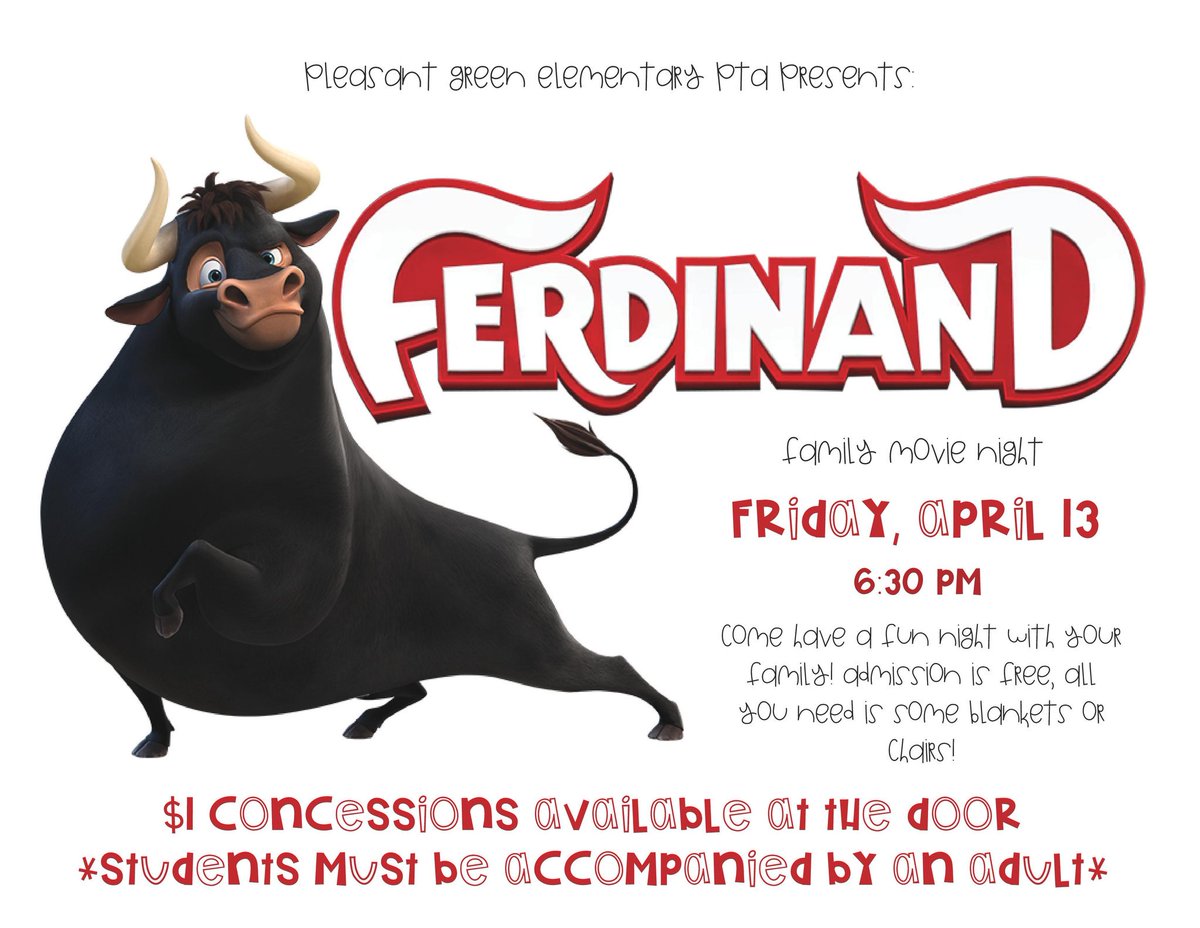 pgptaut's tweet photo. Join us this Friday as @PleasantGreenEl  concludes #KindnessWeek for a showing of Ferdinand!  #FamilyMovieNight #pgptaut https://t.co/bwerpgntrA