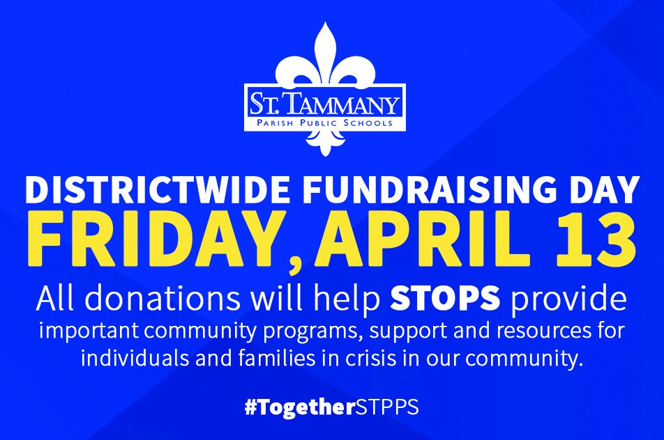 stppschools's tweet photo. Our final districtwide fundraiser of the 2017-2018 school year is THIS FRIDAY.
Bring a $1 or more to school to help STOPS provide support in the St. Tammany Parish community.
#TogetherSTPPS https://t.co/O5A7nDLMNV