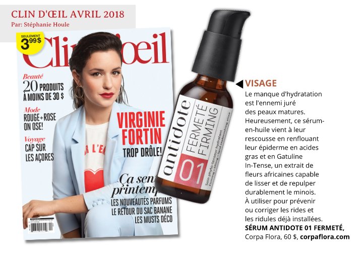Corpaflora's tweet photo. Notre incroyable produit ANTIDOTE 01 se retrouve dans le 
@Mag_clindoeil du mois d'avril dans leur article intitulée "Nature Active" .
Antidote 01, votre alliée Corpa Flora #1 contre les rides et les ridules ! 

https://t.co/9lBbtmr6re https://t.co/jY5HycknX7
