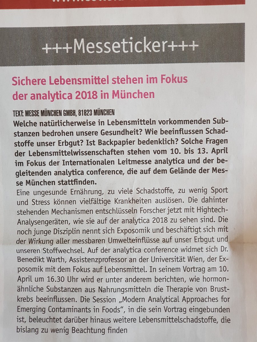 ben_warth's tweet image. Just checked in at the hotel for #analyticaconference when a headline of the newspaper at the counter catched my interest. Was wondering that other people are interested in the #exposome too. Until I realized the section is advertising my presentation tomorrow. Pretty cool.