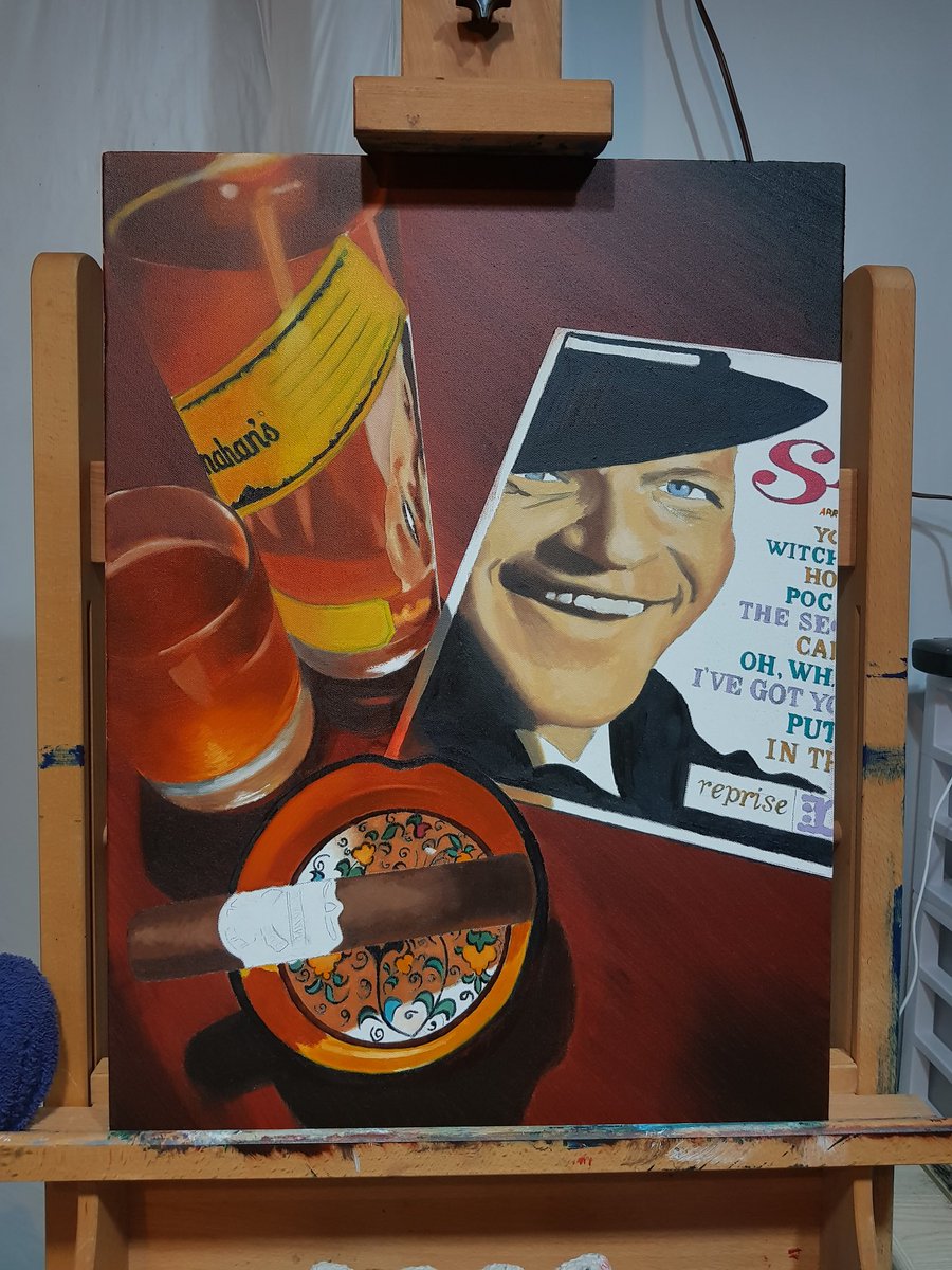 BarryLong1969's tweet photo. Slowly making progress. Worked hard to get Frank's reflection on the bottle. #oilpainting #art #ArtistOnTwitter #fineart #stilllife #realism #photorealism #hyperrealism #franksinatra #whiskey #whisky #cigars https://t.co/Vu4rAwGLoa