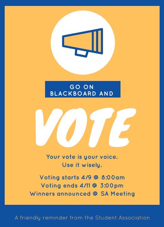 StRoseSA's tweet image. Starting TODAY until this Wednesday log onto Blackboard to vote for next year's Executive Board for Student Association! Your vote matters and does make a difference. Voting goes until Wednesday at 3pm. The announcement of candidates will be at the Student Association Meeting!