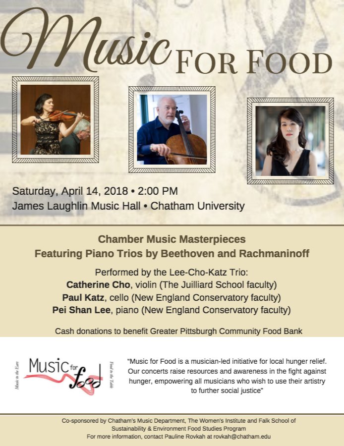 ChathamU's tweet photo. #ChathamU's Music Department hosts "Music for Food" Saturday 4/14, raising money for @PghFoodBank. Last time, we raised almost $2000... let's see if we can top that this Saturday! https://t.co/7j60XCfml6 https://t.co/AYL3rJeeKE