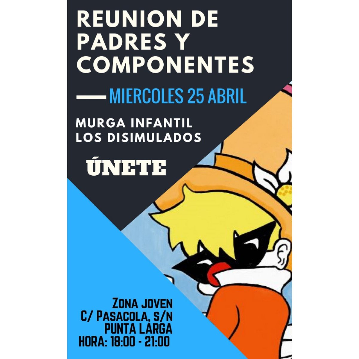 MurgDisimulados's tweet photo. Ya llegó la reunión de padres y componentes de la murga infantil los disimulados en Candelaria la reunión se realizara en Punta Larga en la zona joven de 18:00 a 21:00 muchas gracias y os esperamos a todos allí y a disimulando ya llega el carnaval. 😍♥️🎺🤩 https://t.co/arY6B6GO03