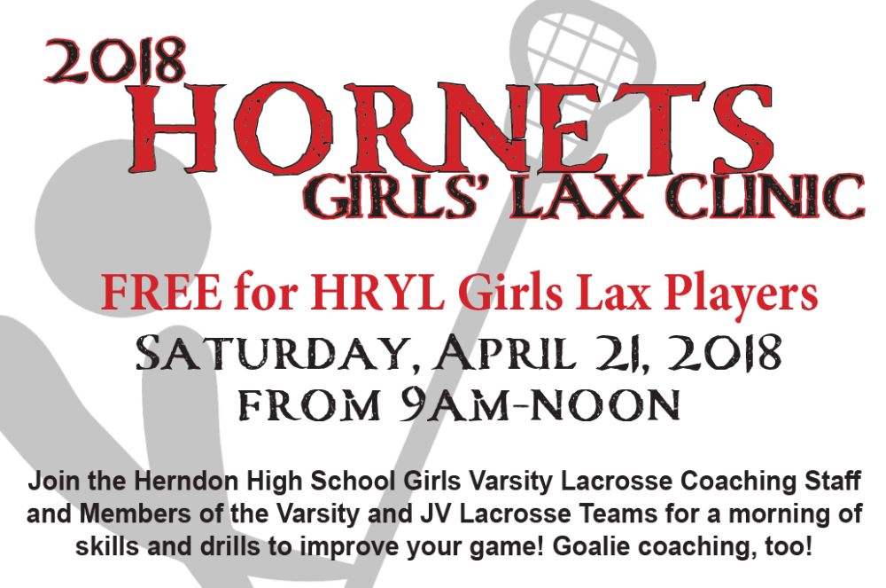 Free girls lacrosse clinic (for HRYL girls) on Saturday, April 21st from 9am-noon.  Space is limited so sign up now.  See hrylax.org for more details.  Thanks <a href="/herndonsports/">HHS Athletics</a>