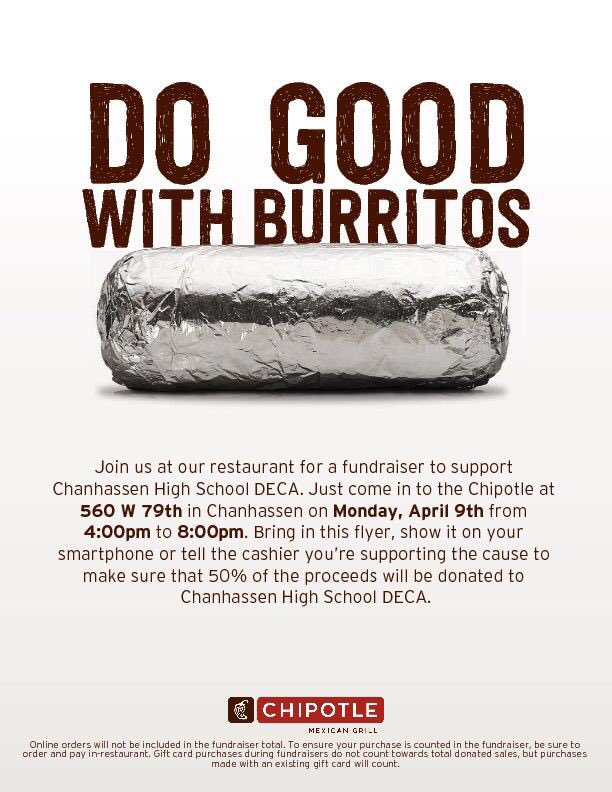 Need dinner plans? Support Chanhassen DECA at Chipotle in Chanhassen tonight from 4-8!
