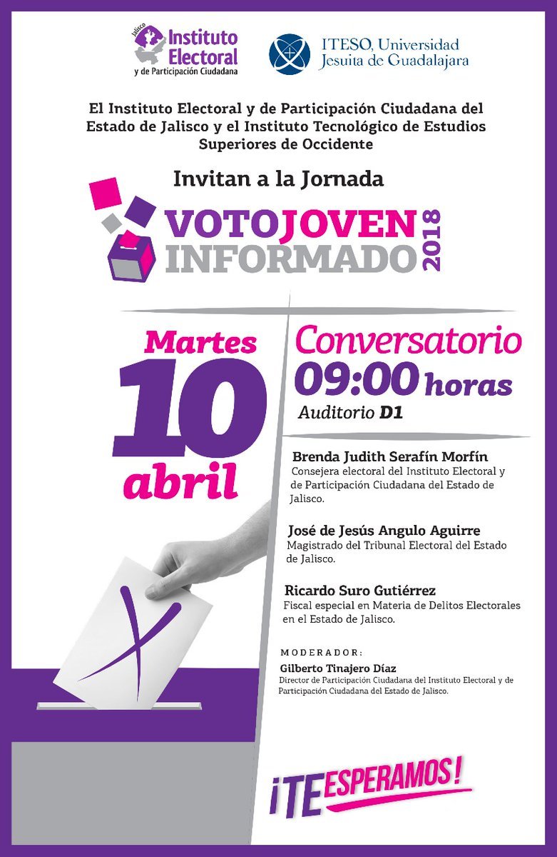 RSuro's tweet photo. Nos vemos el día de mañana en punto de las 9:00 AM en el Auditorio D1 del @ITESO, en compañia de @BrenJSM, José de Jesus Angulo Aguirre y @Gtinajero5 #VotoJoven https://t.co/tQIzByrSZ7