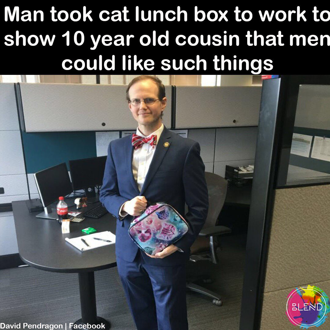 blendtw's tweet photo. David Pendragon’s 10 year old cousin was being made fun of for bringing a #cat lunchbox to school. So David ordered the same exact lunch box and proudly took it to work to show him boys could #love things like that. HOW SWEET! COMMENT YOUR THOUGHTS 👇😺 https://t.co/yNFkN4AsMJ
