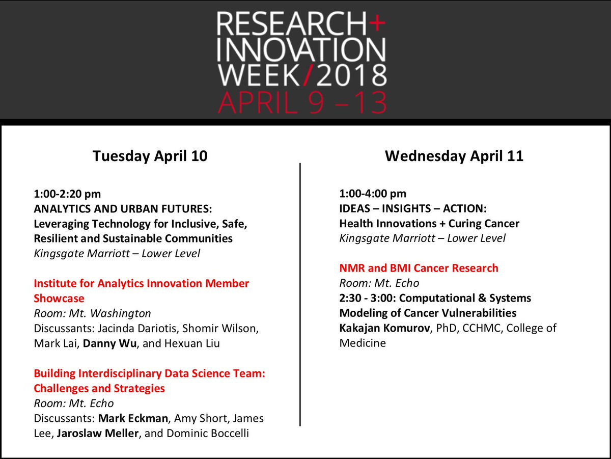Check out all the @Cincyinformatix speakers this week at @UofCincy's Research + Innovation Week! #ResearchWeek
Tues: Danny T.Y. Wu @tzuyu_wu, Mark Eckman, Jarek Meller
Wed: Kakajan Komurov
 @UCHealthNews  @UC_CoMResearch