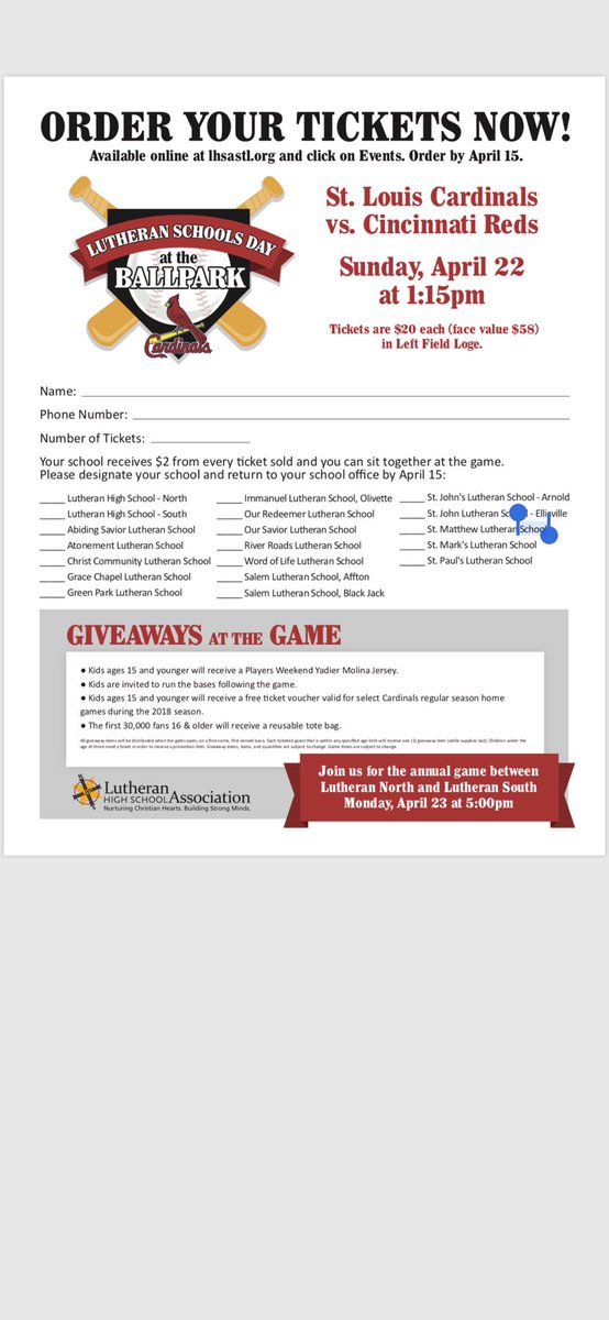 LuSo_Football's tweet photo. Join us on April 22nd for Lutheran Schools Day at Busch Stadium as we cheer on the @Cardinals vs Reds. The following day April 23rd @LHSS_Baseball takes on North in the annual rivalry game! Support the baseball team and get your tickets now!!! #SouthStrong https://t.co/YvtHdt65D1
