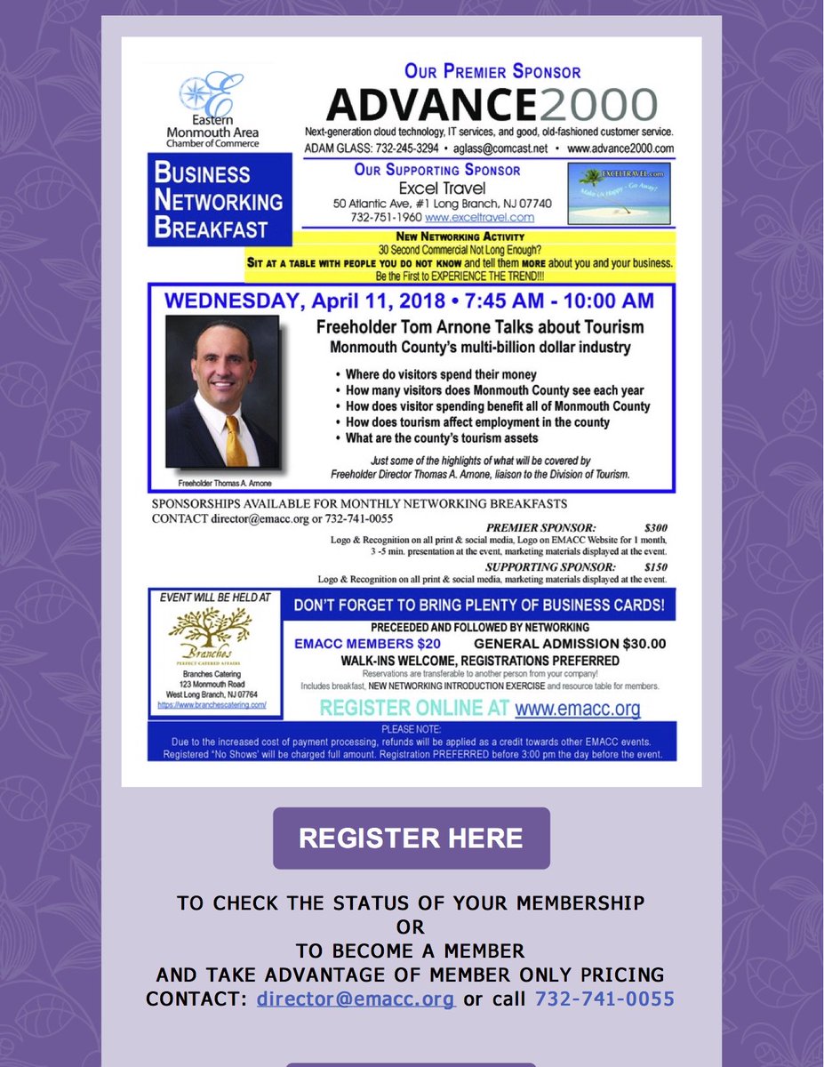 EMACCNJ's tweet photo. DID U REGISTER?! THIS WEDNESDAY 4/11 @BranchesNJ 7:45-10A! #EMACC's #BusinessNetworkingBreakfast! Meet #MonmouthCounty Freeholder @tom_arnone & network w/ local biz leaders! #EMACC is coming back! Register: https://t.co/mPRMeaHXFM! Thanks 2 sponsors @Advance2000 & #ExcelTravel! https://t.co/ruibSB8ouG